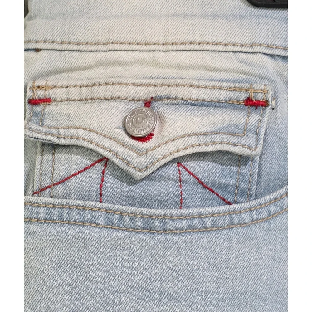 True Religion Ricky Relaxed Straight Denim Shorts Mens 40 Light Blue  Red Stitch